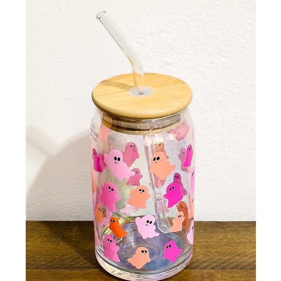 NEW: Pink Ghost, Halloween, Glass Can Sipper with Lid and Straw - Picture 2 of 3